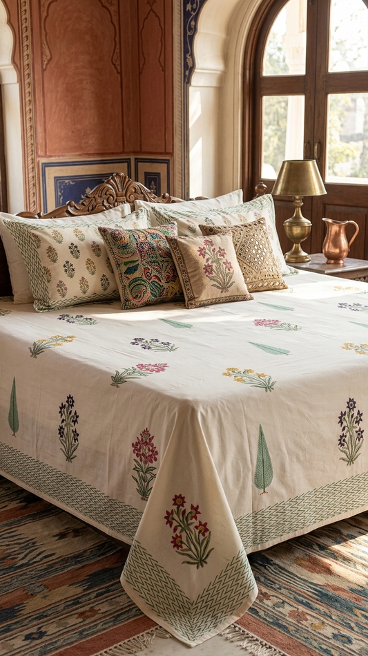 Gulbagh Mughal Floral Hand Block Print Cotton Bedsheet (by The Woven Room)