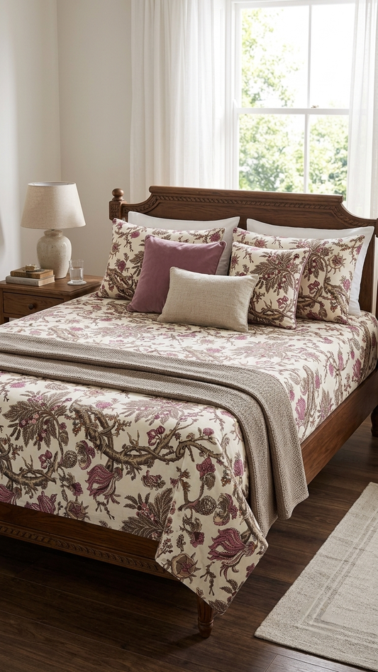 Vintage Botanical Chintz Bedsheet Set (Plum & Taupe) (by The Woven Room)