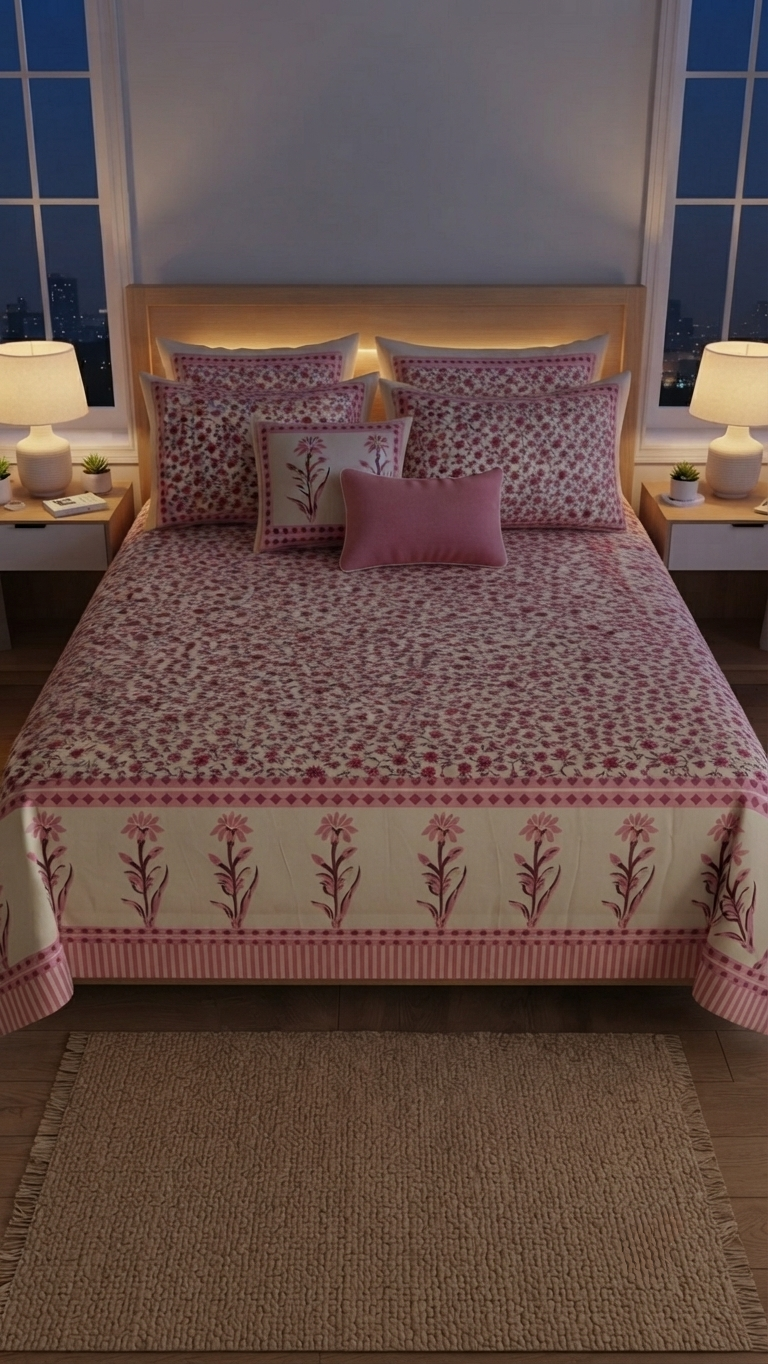 The Gulmohar Blossom Hand-Block Printed Cotton Bedsheet Set ( by The Woven Room)