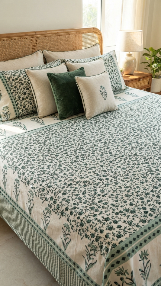 The Emerald Bloom Hand-Block Printed Cotton Bedsheet Set ( by The Woven Room)