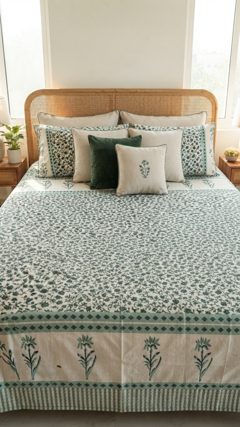The Emerald Bloom Hand-Block Printed Cotton Bedsheet Set ( by The Woven Room)