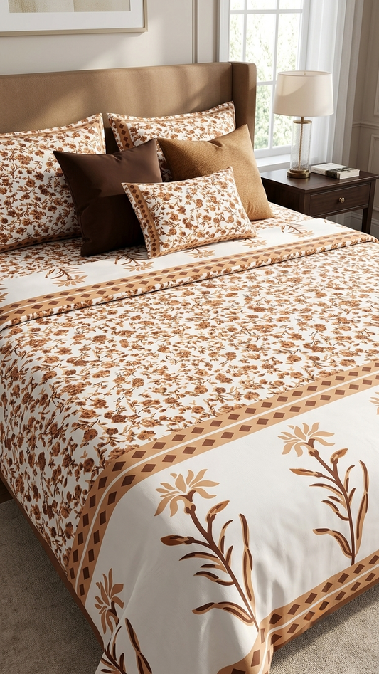 Earthy Terracotta Flora Cotton Bedsheet Set (by The Woven Room)