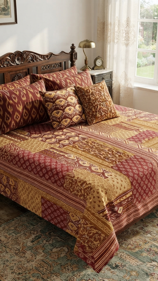 Heritage Ikat & Ochre Cotton Bedsheet Set ( by The Woven Room)