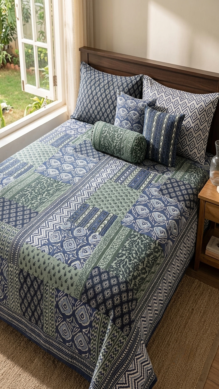 The Heritage Mosaic: Indigo & Sage Hand-Block Bedsheet Set (by The Woven Room)