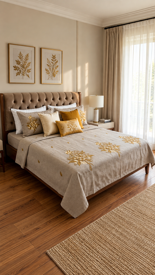 The Golden Botanical Embroidered Linen Bed Cover Set (by The Woven Room)