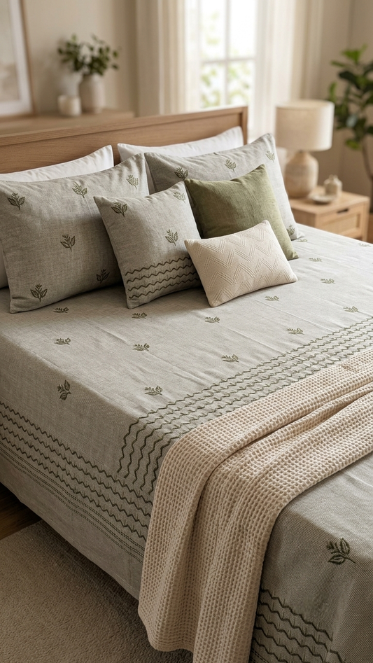 The Botanica Earth Embroidered Linen Set (by The Woven Room)