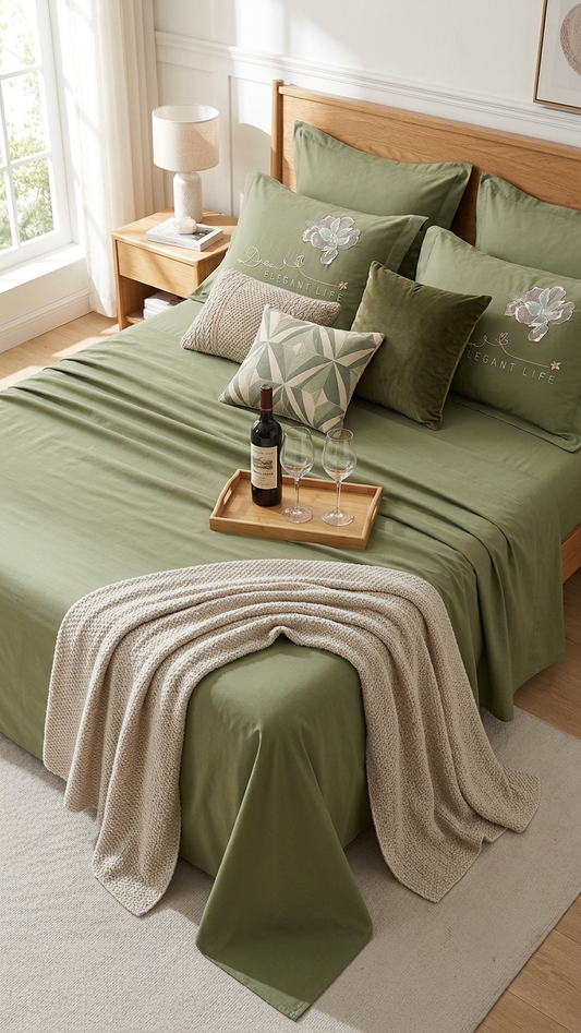 Sage Elegance Embroidered Cotton Bedsheet Set (by The Woven Room)