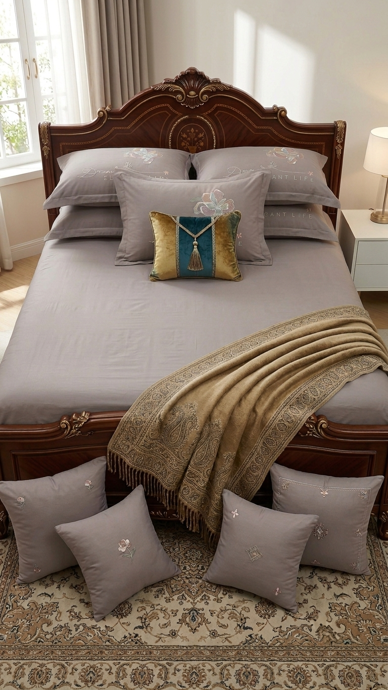 The Royal Taupe Floral Embroidered Luxury Bedsheet Set (by The Woven Room)