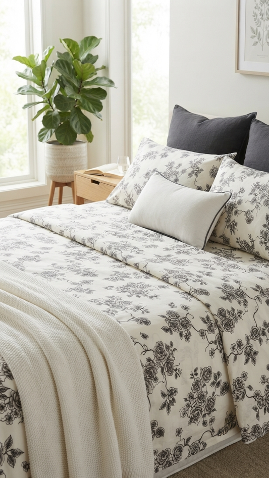 The Charcoal Vintage Rose Monochromatic Sheet Set (by The Woven Room)