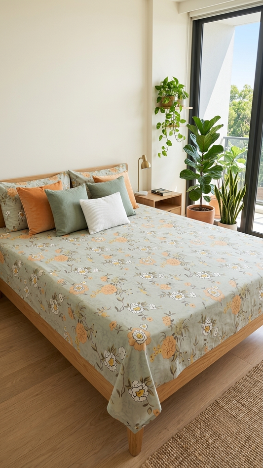 The Sage Blossom Cotton Bedsheet (by The Woven Room)