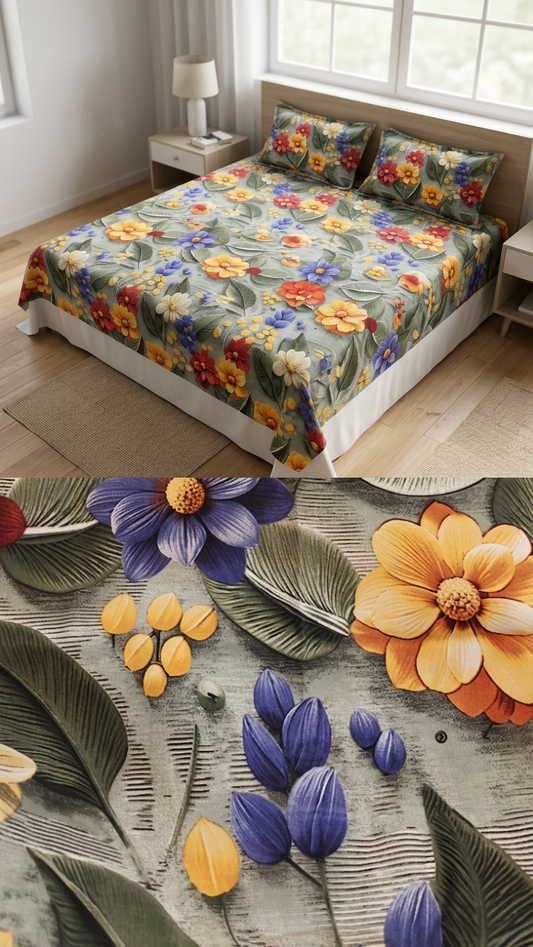 Meadow Reverie 3D Floral Bedsheet Set (by The Woven Room)