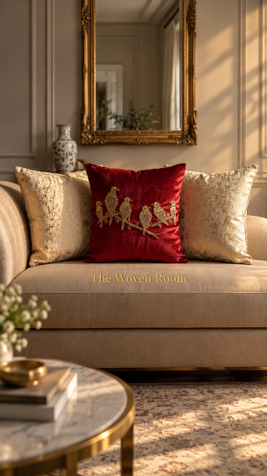 Crimson Perch Velvet & Gold Cushion Trio