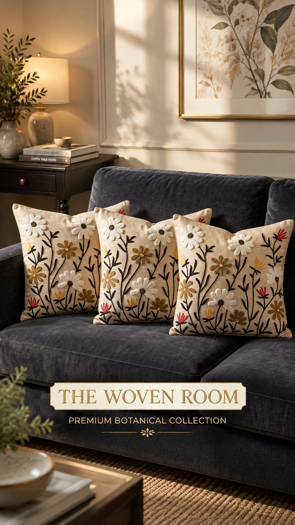 Meadow Bloom Embroidered Cushions (Set of 3)