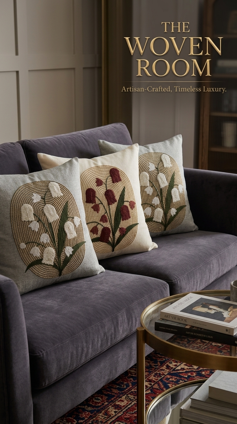 The Botanical Campanula Cushion Embroidered Linen Cushion ( Set of 3)