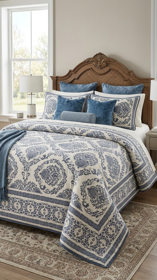 The Royal Azure Damask Dohar (by The Woven Room)