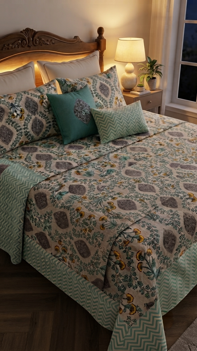 The Mint Botanical Chevron Bedsheet Set ( by The Woven Room)