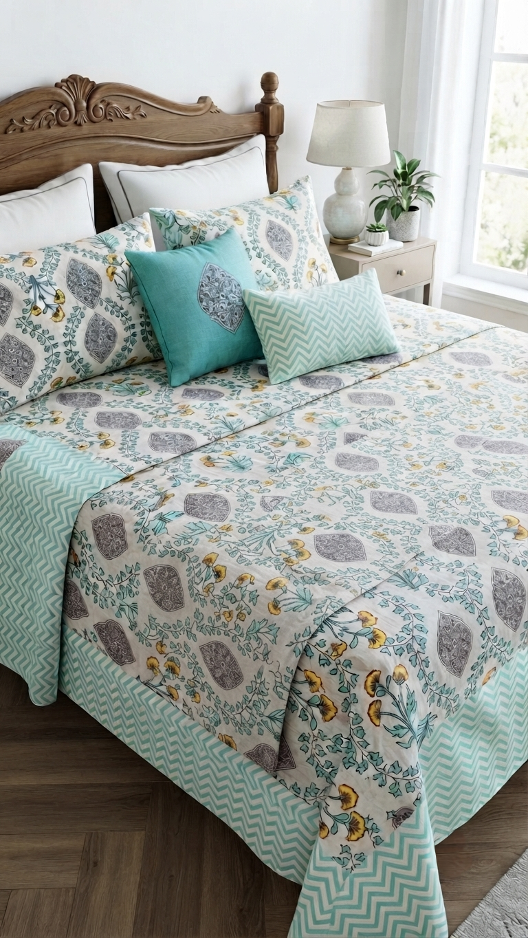 The Mint Botanical Chevron Bedsheet Set ( by The Woven Room)