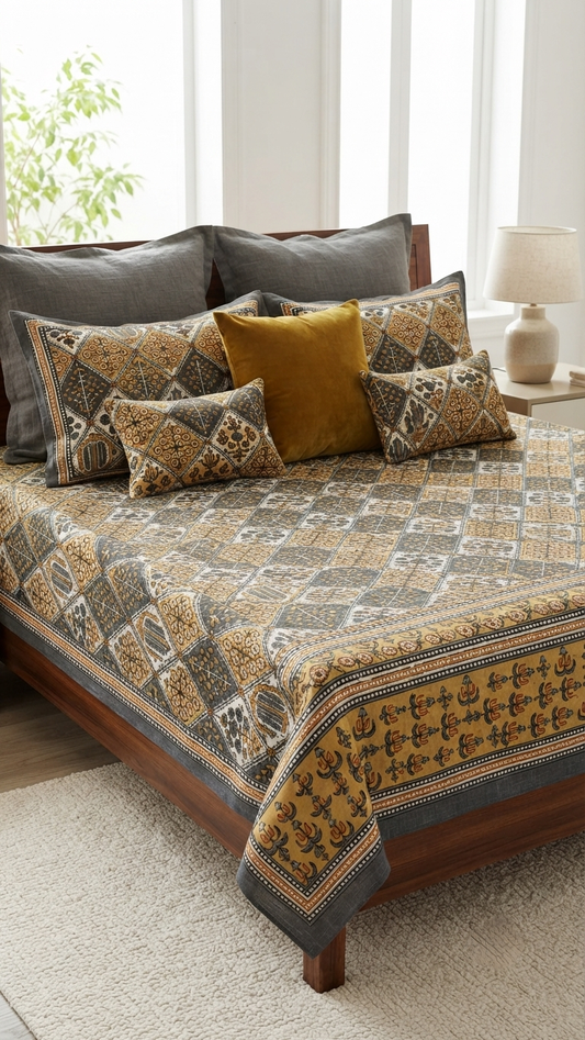 The Marigold & Slate Heritage Block-Print Bed Sheet Set (by The Woven Room)