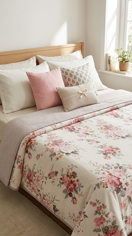 Vintage Rose Blossom Dual-Tone Cotton Bedsheet Set (by The Woven Room)
