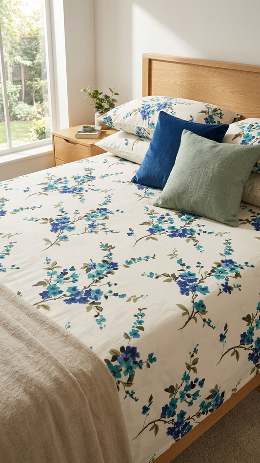 The Azure Blossom Cotton Bedsheet Set (by The Woven Room)