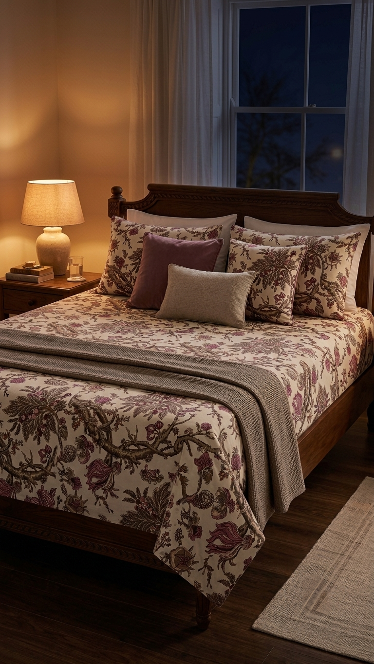 Vintage Botanical Chintz Bedsheet Set (Plum & Taupe) (by The Woven Room)