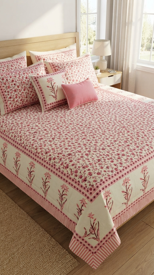 The Gulmohar Blossom Hand-Block Printed Cotton Bedsheet Set ( by The Woven Room)