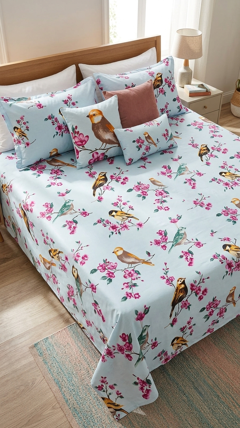 Enchanted Songbird & Cherry Blossom Bedsheet Set (by The Woven Room)