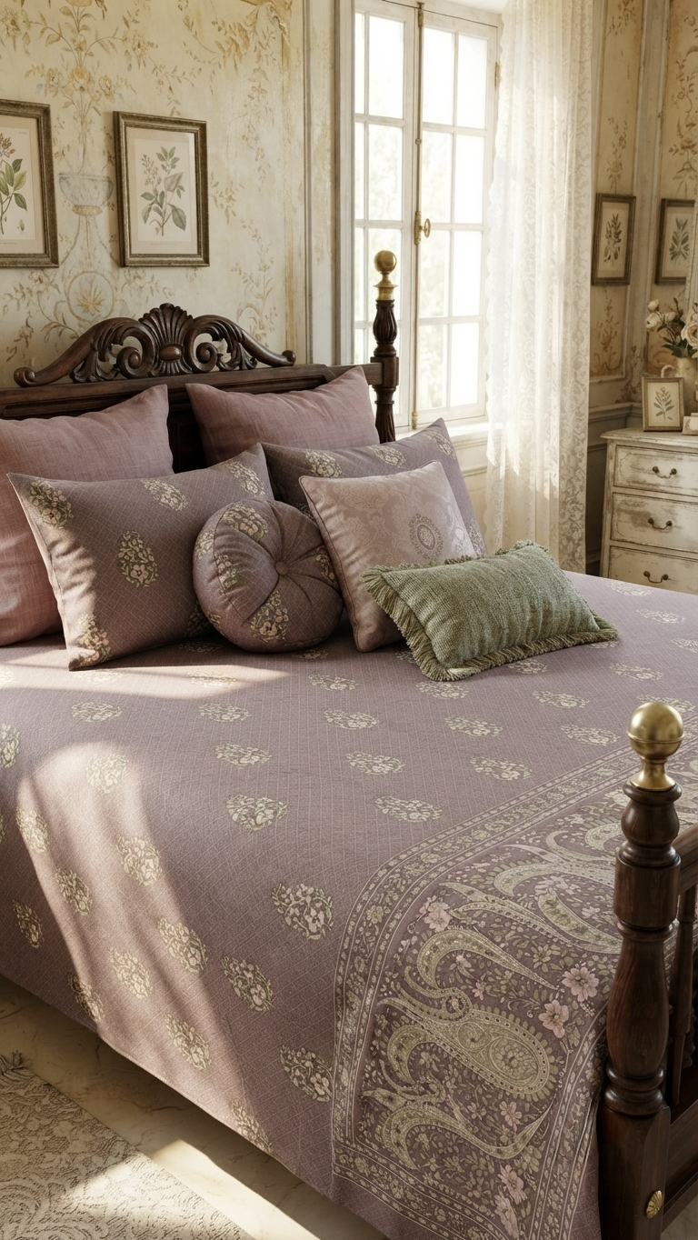 The Heritage Paisley Collection – Vintage Mauve Bedspread Set (by The Woven Room)