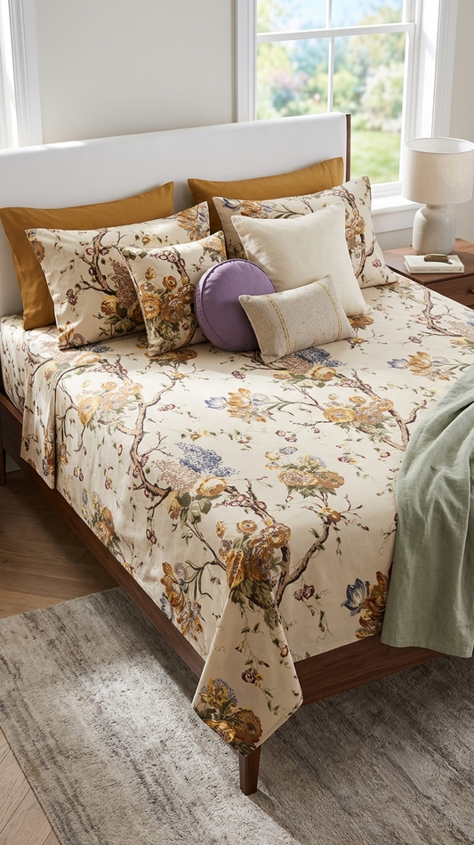 Golden Jacobean Floral Cotton Bedsheet (by The Woven Room)
