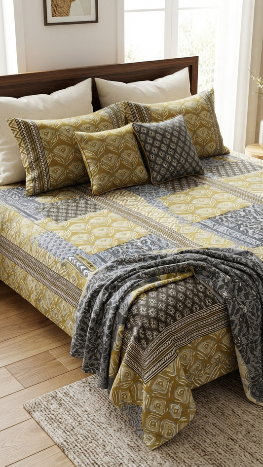 Olive & Charcoal Panelled Block Print Bedding Set ( by The Woven Room)