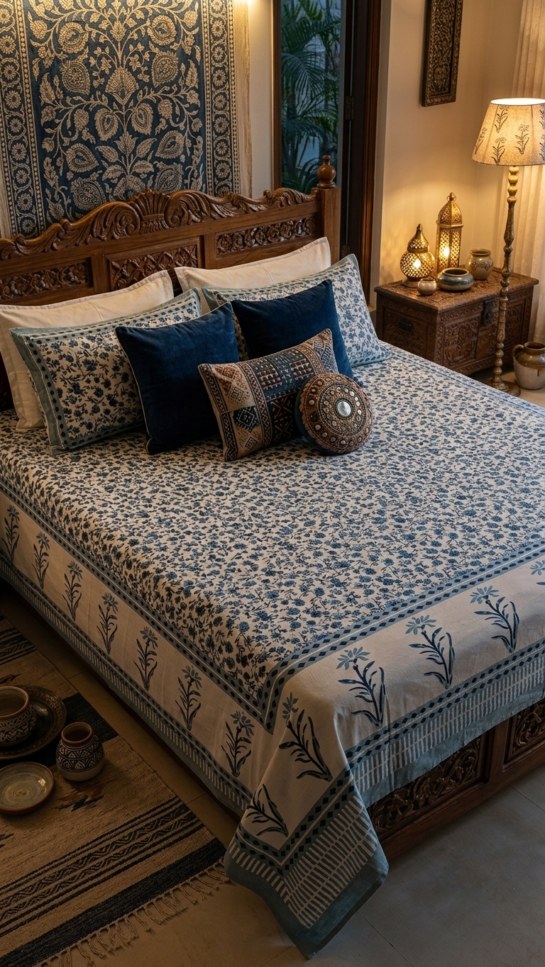 The Indigo Botanical Hand-Block Printed Cotton Bedsheet Set ( by The Woven Room)