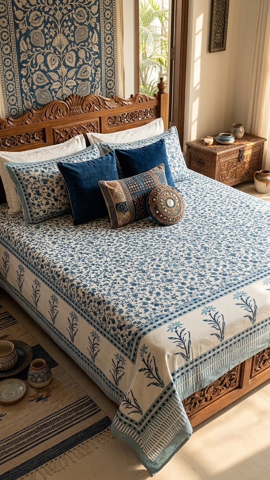 The Indigo Botanical Hand-Block Printed Cotton Bedsheet Set ( by The Woven Room)