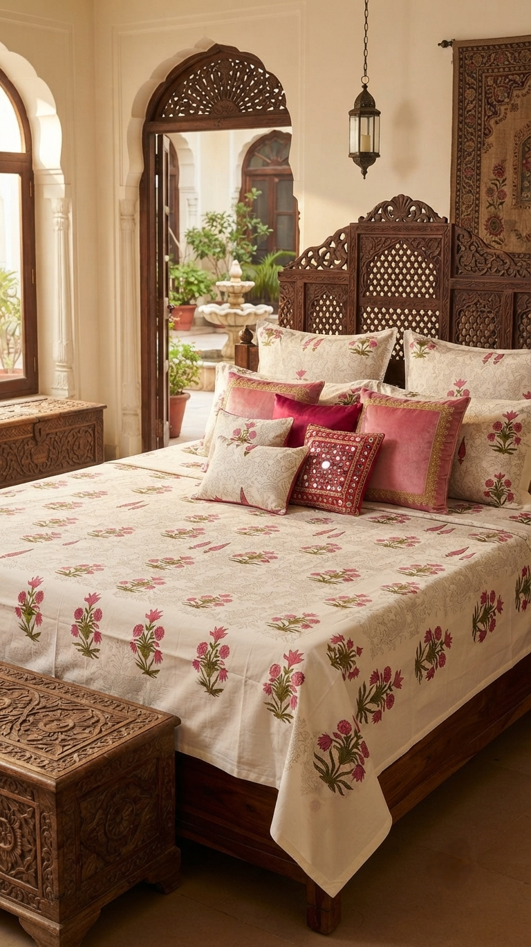 Gulmohar Bagh Hand-Block Printed Cotton Bedsheet Set ( by The Woven Room)