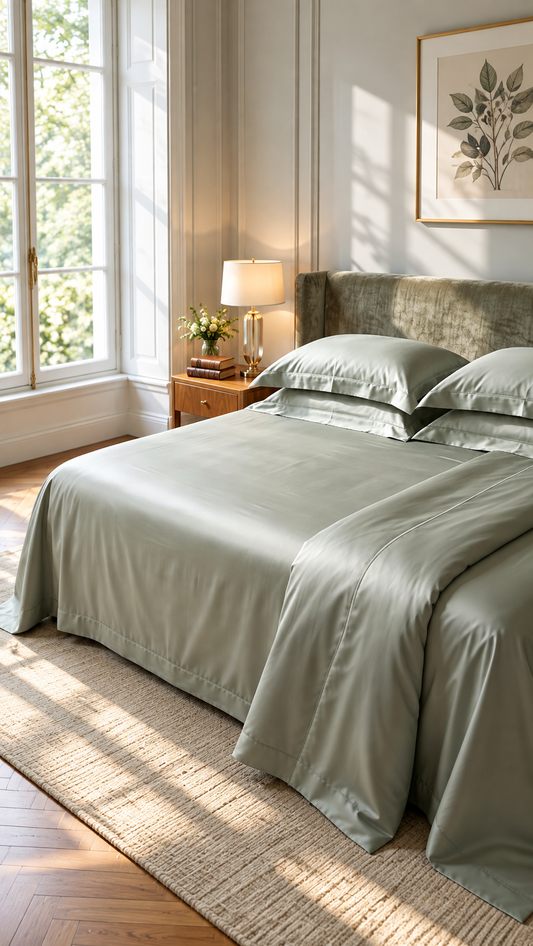 The Heirloom Sage Sateen Bed Sheet Collection( by The Woven Room)
