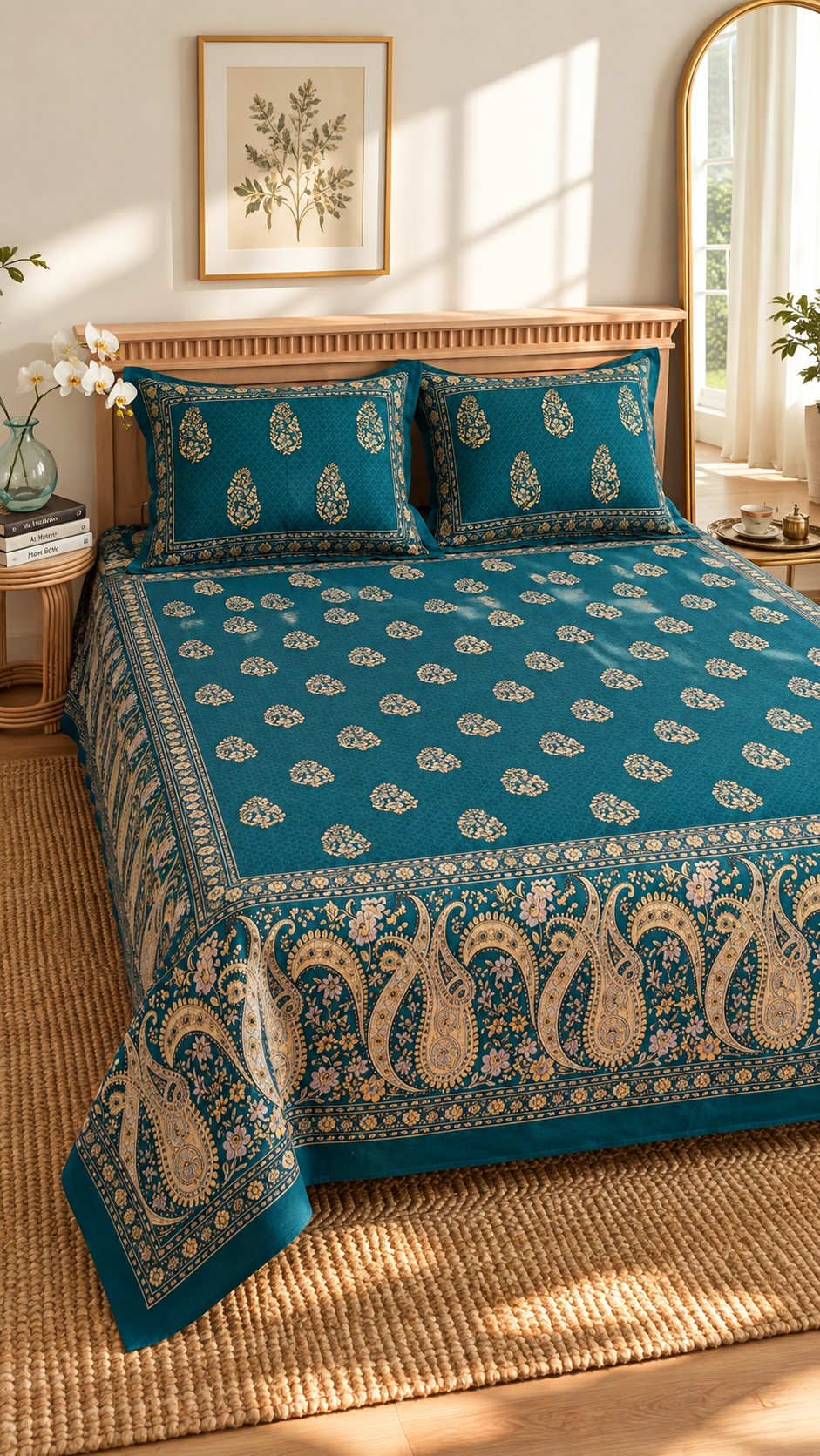 The Royal Teal Mughal Paisley Bedsheet Set (by The Woven Room)