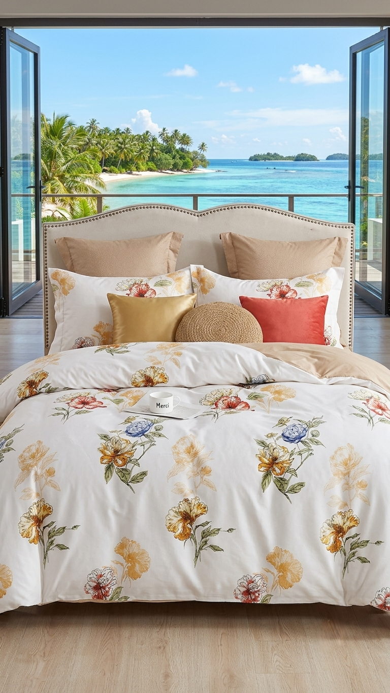 The Tropical Bloom Collection – "Coastal Garden" Bedsheet Set (by The Woven Room)