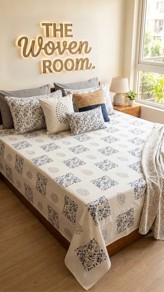 The Artisanal Azure Grid Bedsheet (by The Woven Room)