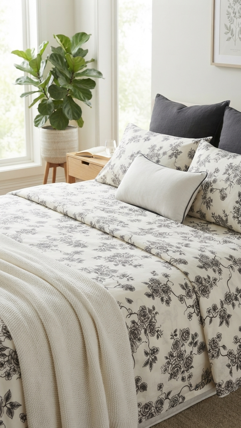 The Charcoal Vintage Rose Monochromatic Sheet Set (by The Woven Room)