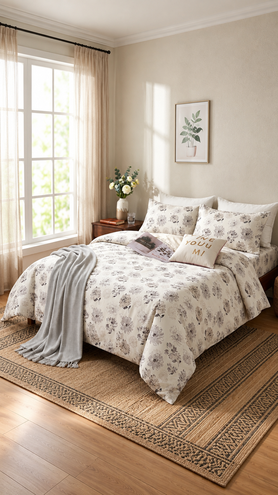 Charcoal Floral Bloom Bedsheet set (by The Woven Room)