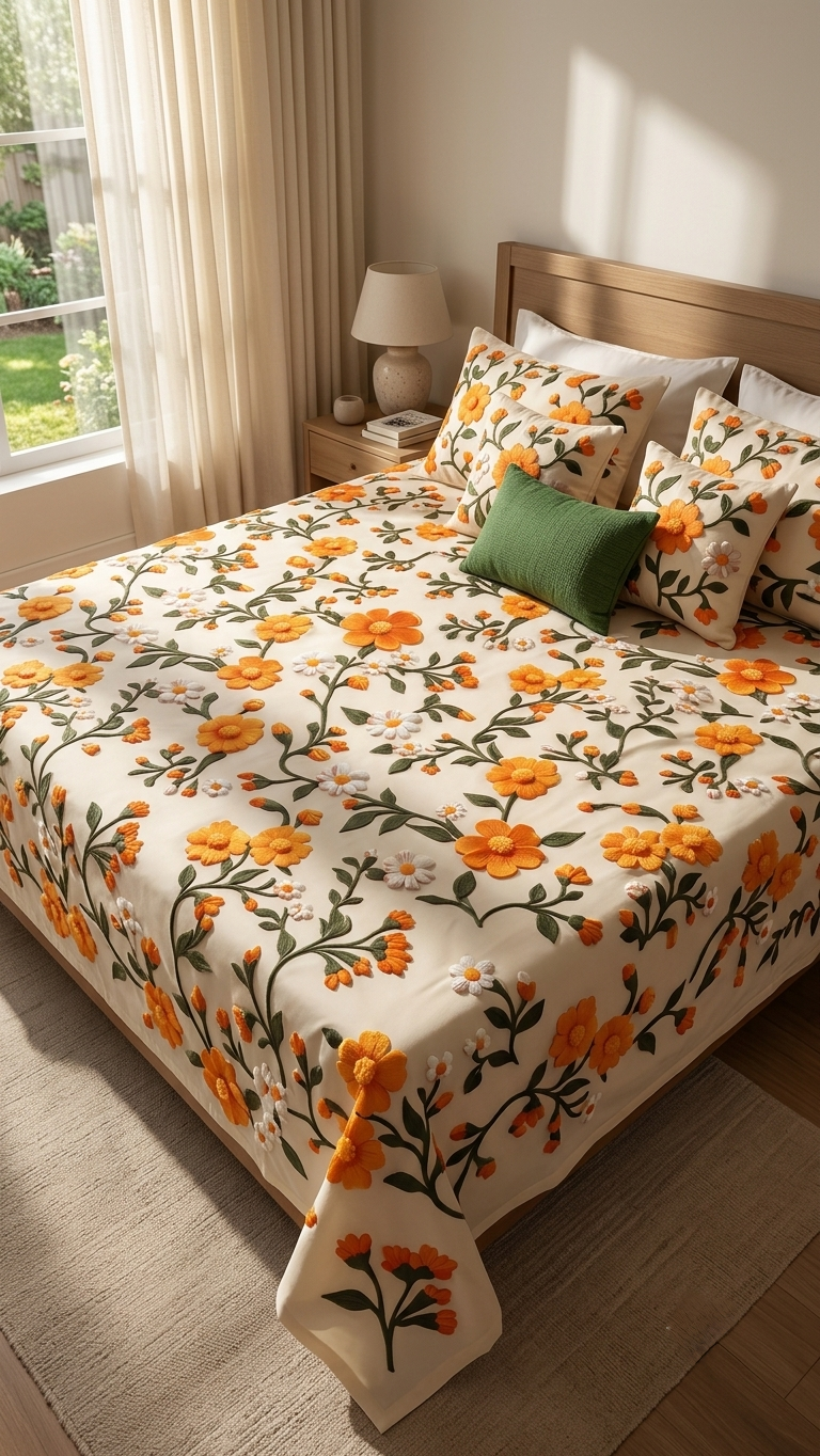 Marigold Meadow Embroidered Bedspread Set (by The Woven Room)