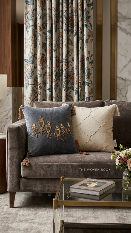 The Gilded Songbirds Beaded Velvet Cushion (Front Left)