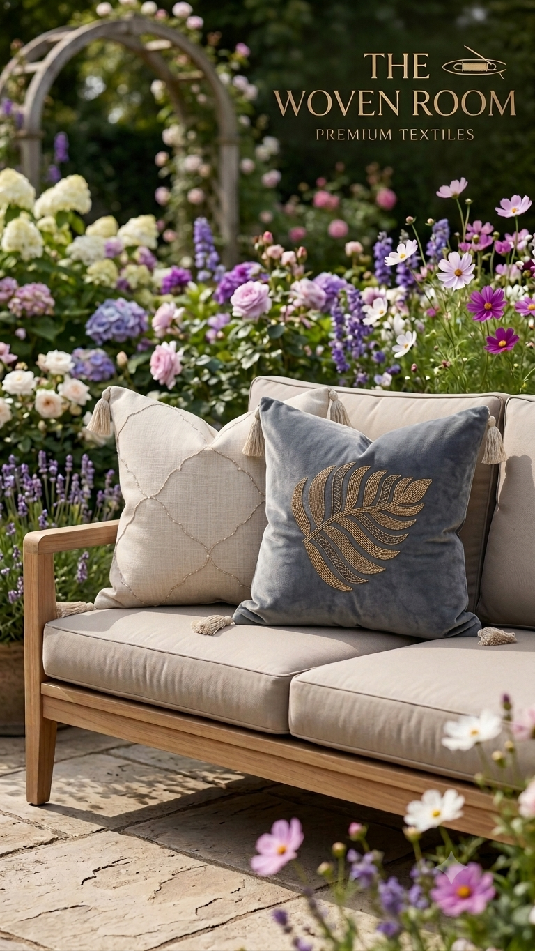 Slate Blue Beaded Bird Velvet Cushion