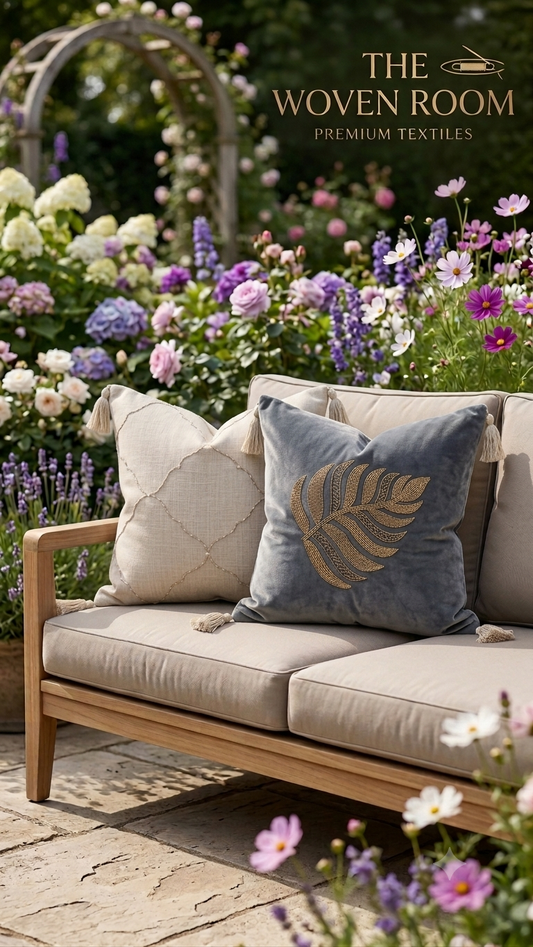Slate Blue Beaded Bird Velvet Cushion