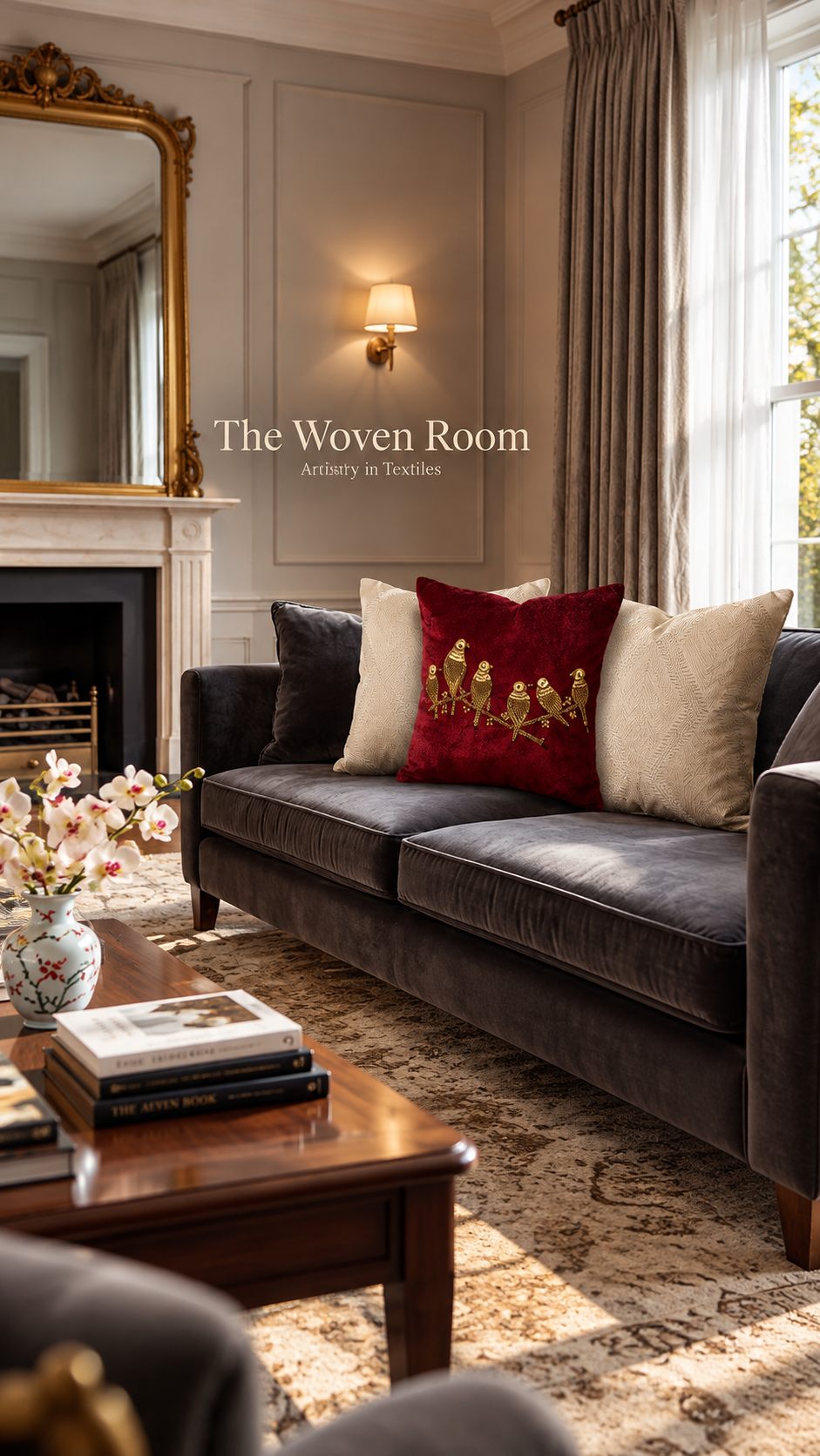 The Crimson Perch Embroidered Velvet Cushion Cover