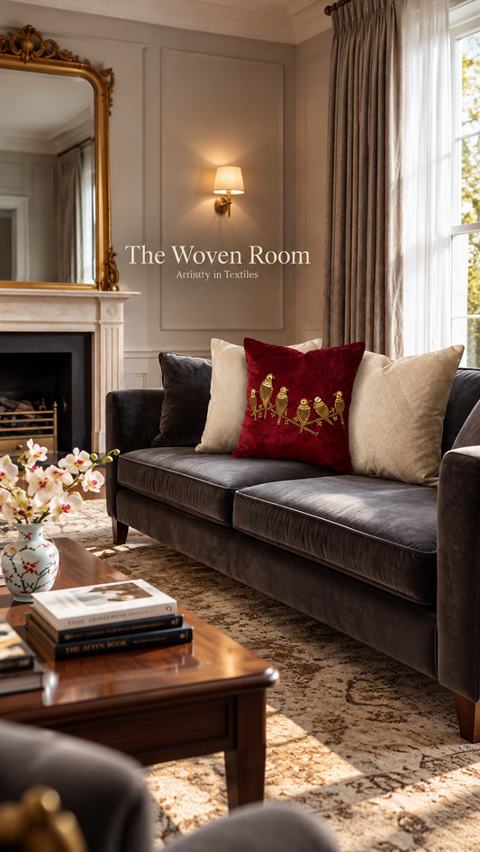 The Crimson Perch Embroidered Velvet Cushion Cover
