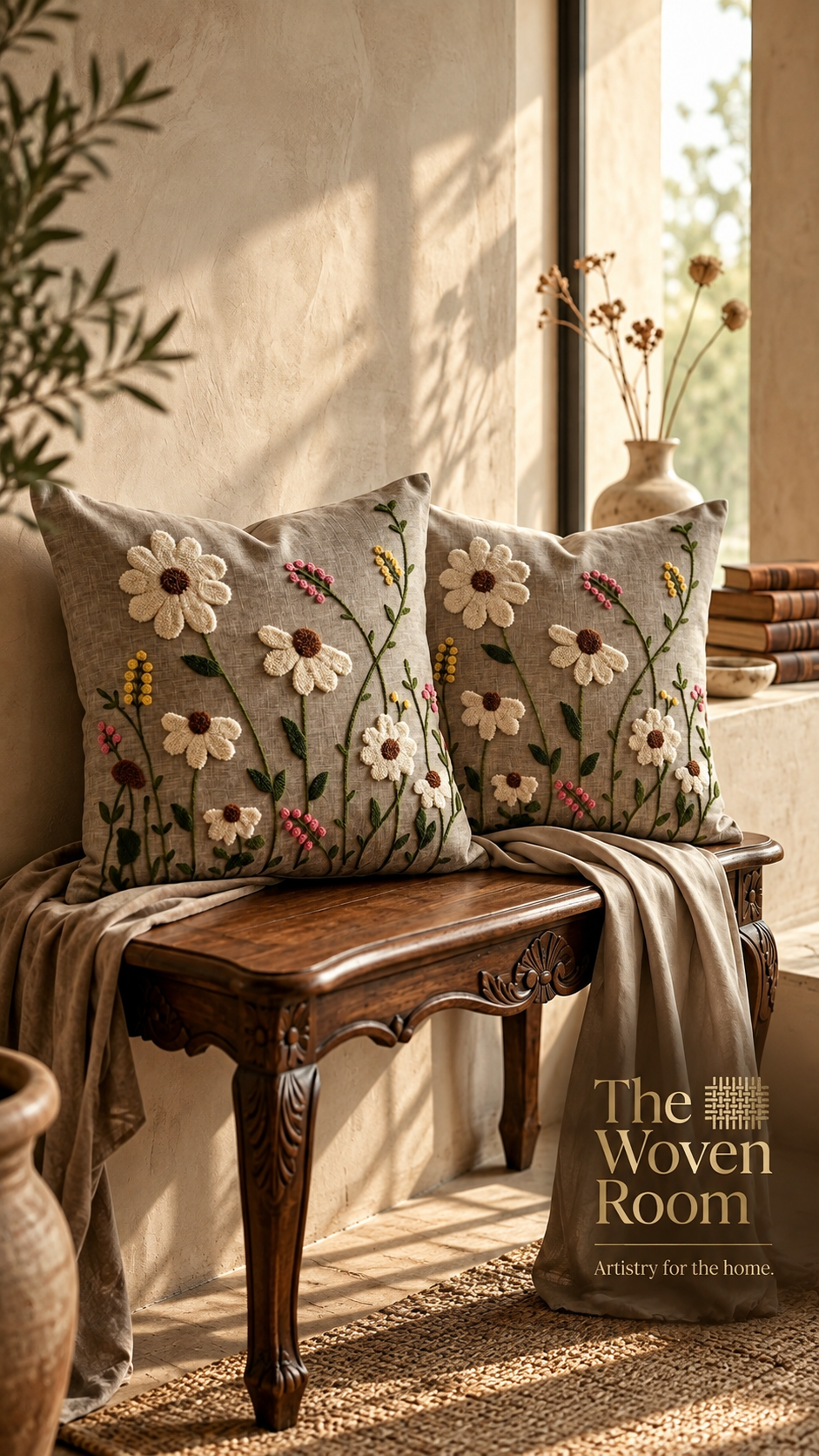 Meadow Bloom Embroidered Linen Cushion (Set of 2)